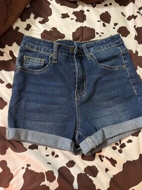 SHEIN Dark Blue Rolled-Hem High Waist Denim Shorts